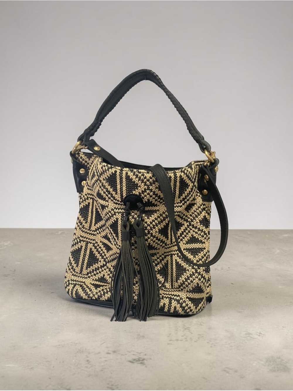 Patricia Nash Otavia Woven Bucket Bag Black Cream Leather Tassel Hobo Purse